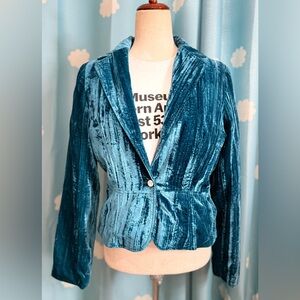 Vintage Y2K crushed velvet turquoise blazer with rhinestone button. M